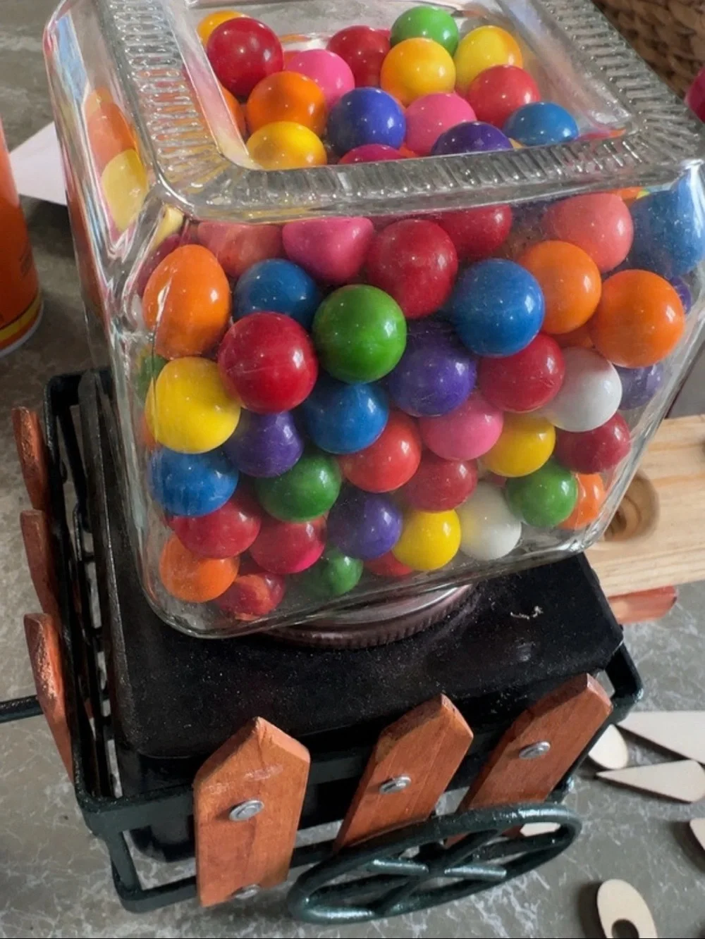 Rustic Wooden Tricycle Candy Jar - Multicolor Gumballs